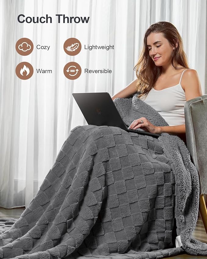 Pawque Super Soft Cozy Throw Blanket for Couch Sofa Bed - Fluffy Sherpa Fleece Reversible Thick Warm Fuzzy Blanket for All-Season, 3D Checkered Jacquard Elegant Decorative Blankets, Grey, 50" x 60"-Ruum Studio Home