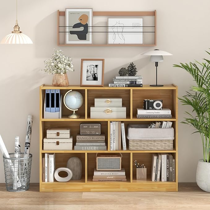 Tangkula 8-Cube Bookcase, Wood 3 Tier Open Storage Bookshelf, Modern Multipurpose Display Cabinet for Living Room, Study, Reading Nook, 48 x 12.5 x 36.5 Inch, Burlywood-Ruum Studio Home