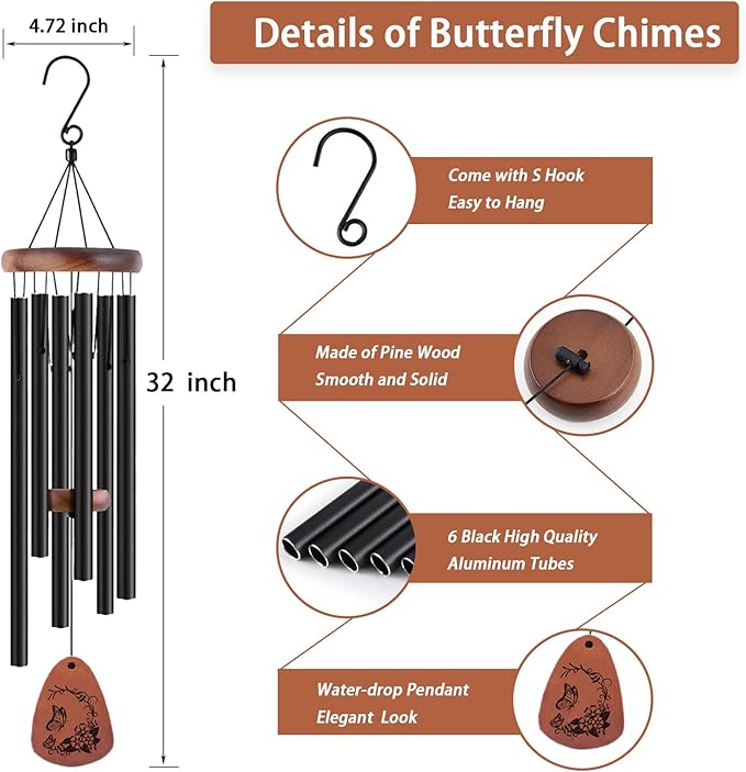 Wind Chimes for Outside, 32" Butterfly Windchime for Outdoor, Butterfly Gifts for Women Mom Sister, Garden Patio Gift Ideas for Friend Co-Worker (Black)-Ruum Studio Home