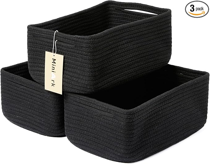 Small Storage Baskets for Organizing | Closet Organizer Bins | Shelf Toy Basket | Woven Rope Baskets | Cube Decorative Box | Shallow Basket | 13x8.5x5.1” | 3 Packs Black-Ruum Studio Home
