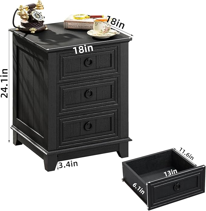 18" Night Stands Set of 2 with Charging Station, Farmhouse 2 & 3 Drawers End Table Dresser for Bedroom, Black Wooden Nightstand, Bed Side Table with Open Shelf, Bedside Cabinet for Living Room-Ruum Studio Home