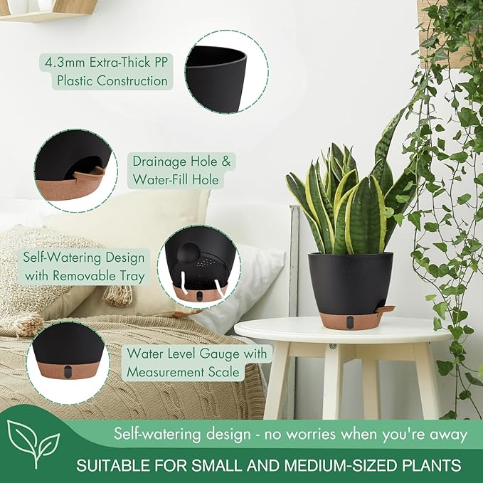 montresor 2 Pack 8 inch Plant Pots, PP Plastic Self Watering Plant Pot with Drainage and Tray for Indoor Outdoor Plants, Water Level Window & Reservoir Flower Pots Decorative Planter (Black)-Ruum Studio Home