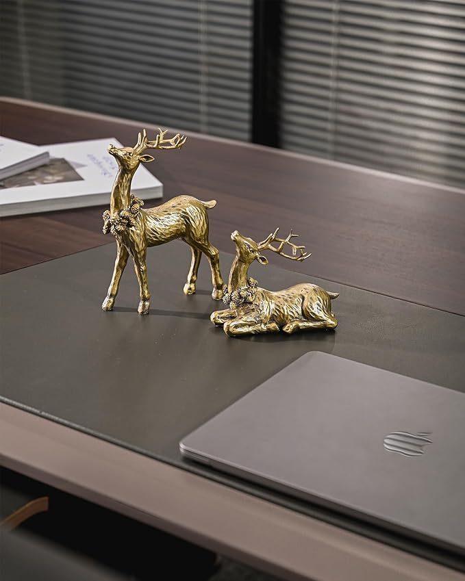 DN DECONATION 2pcs Gold Christmas Reindeer Statue, Christmas Clearance Small Resin Reindeer Figurine Indoor, Tabletop Reindeer Christmas Decor, Deer Figurine Decorations for Home-Ruum Studio Home