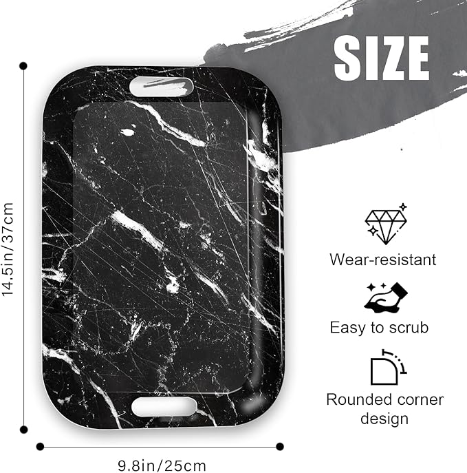 Serving Trays with Handles, 14.5 x 9.8 inch Rectangular Plastic Tray for Restaurant, Kitchen, Black Marble-Ruum Studio Home