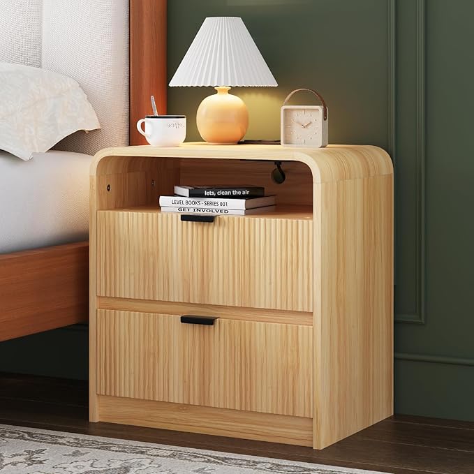 FURSUN 24" Fluted Nightstand Set of 2 with Charging Station, Wooden End Table with 2 Drawers Storage, Curved Profile Design, Modern Bedside Cabinet for Bedroom Living Room, Natural Oak-Ruum Studio Home
