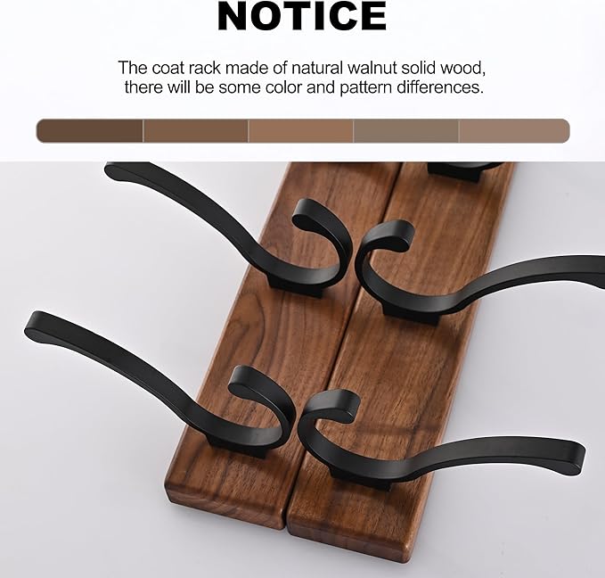 2 Pack 17.3" Small Wooden Coat Rack Wall Mounted with 5 Hooks, Entryway Wall Hooks Coat Hanger for Hanging Towel Clothes Hat Backpack Shoe Purse Key Holder Multi Hook Rail by Black Walnut Wood-Ruum Studio Home