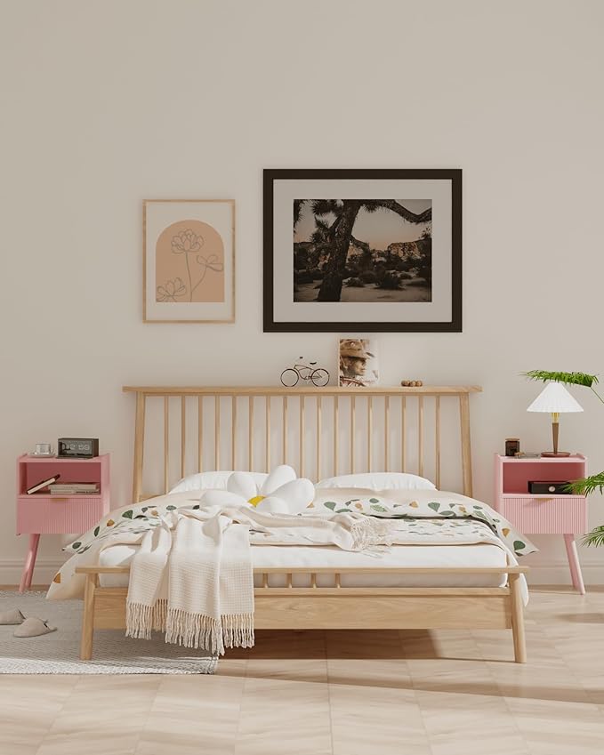 Nightstand,Modern Bedside Table with Storage Drawer and Open Wood Shelf, Accent Night Stand with Solid Wood Legs for Living Room, Bedroom and Small Spaces,Easy Assembly (Pink)-Ruum Studio Home