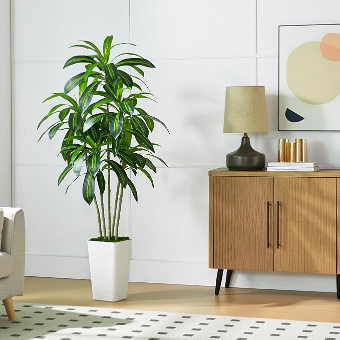 Artificial Dracaena Tree Artificial Silk Tree Faux Tree with White Tall Planter Fake Tropical Yucca Floor Plant (1, White Tall Planter, 5 FT)-Ruum Studio Home