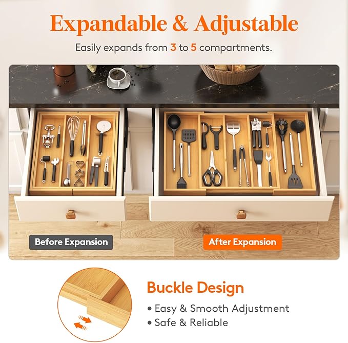 Lifewit Utensil Organizer for Kitchen Drawer, Expandable Cooking Utensil Tray, Bamboo Cutlery Silverware Flatware Holder, Adjustable Spatula Tools Gadget Storage Divider, 28 x18.5 x 2 inches, Natural-Ruum Studio Home