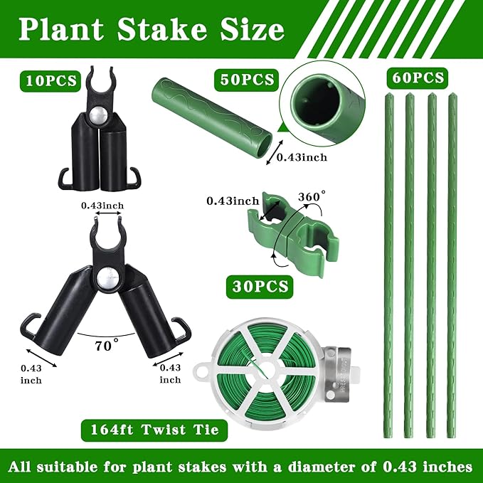 Garden Stakes 60 Pack, 16 Inch Each, DIY 3ft 4ft 5ft 6ft 7ft Sturdy Steel Plant Stakes with 50 Connectors, 30 Rotatable Clips, 10 A-Type Connecting Pipe and 164 Feet Twist Tie for Climbing Plants-Ruum Studio Home