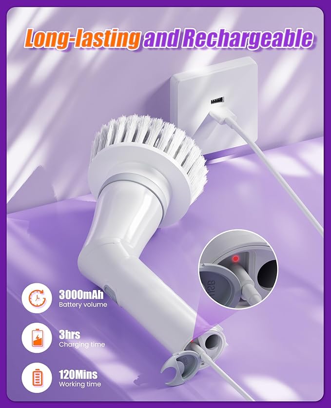 Electric Spin Scrubber, Cordless Shower Scrubber Rotary Floor Brushes & Pad Drivers with 6 Brush Heads - 2H Dual Speed, IPX7 Waterproof Extension Handle for Bathroom Tile Car Cleaning (White)-Ruum Studio Home