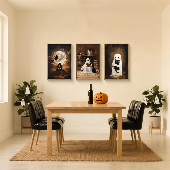 HPNIUB Halloween Ghost Framed Canvas Wall Art Set, Funny Black Cat Poster Artwork, Vintage Spooky Wall Decor, Dark Academia Moon Pictures for Bedroom Living Room Bathroom-16 x24 x3-Ruum Studio Home