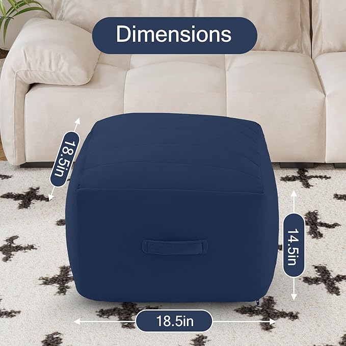 MeMoreCool Square Stuffed Pouf Ottoman Foot Rest, Floor Pouf Foot Stool with Foam Chunk Filling, Soft Stuffed Ottoman Footrest for Living Room, Navy-Ruum Studio Home