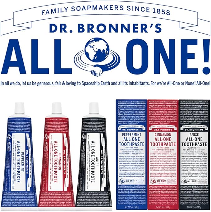 Dr. Bronner’s All-One Toothpaste 4-Pack Variety– (Peppermint, Spearmint, Cinnamon, Anise, 5oz Each)– 70% Organic Ingridients, SLS Free Toothpaste, Fluoride Free, Natural, Vegan, for Sensitive Teeth-Ruum Studio Home