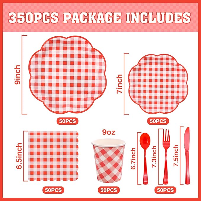 350 Pcs Red Gingham Plates and Napkins Party Supplies - Red and White Checkered Plates Sets Serve 50 Guests - Scalloped Gingham Paper Plate for Birthday Picnic Wedding Christmas Party Decorations-Ruum Studio Home