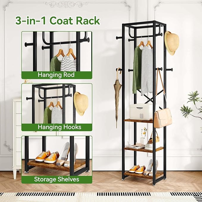 IBUYKE Coat Rack with Shelves, Freestanding Hall Tree with 3 Shelves and 8 Hooks, Industrial Clothes Stand for Entryway, Hallway, Bedroom, Rustic Brown UTMJ088H-Ruum Studio Home