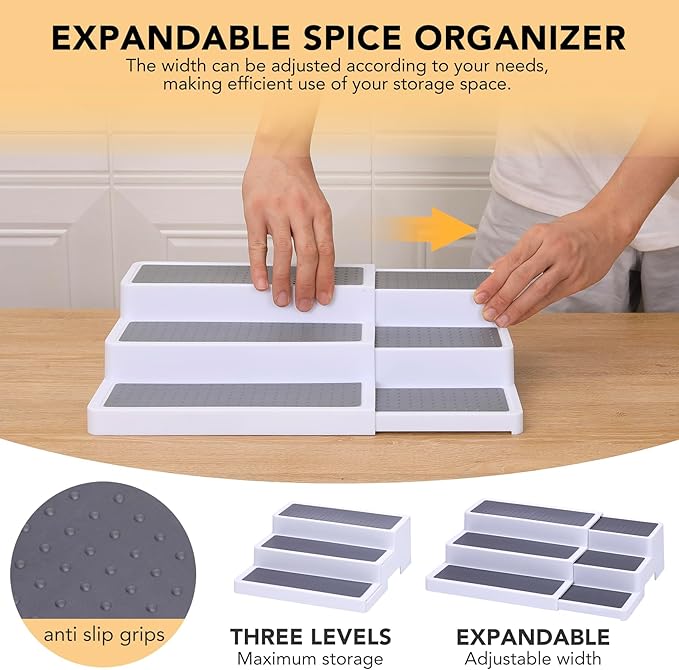3-Tier Expandable Spice Rack, Plastic Spice Rack Organizer for Cabinet, Adjustable Length, Non-Skid Spice Shelf Organizer for Kitchen Cabinet, Countertop or Pantry, 2 Pack, White/Grey-Ruum Studio Home