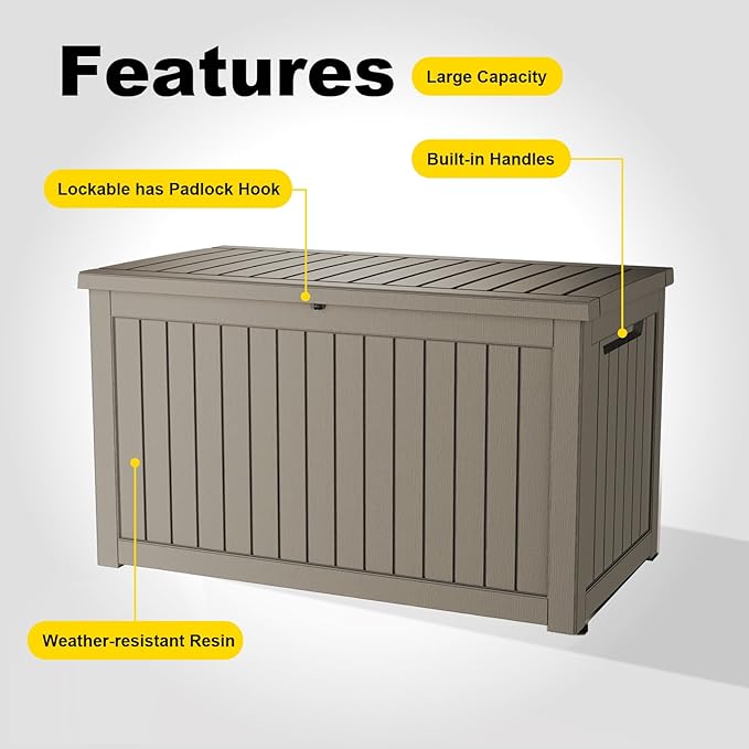 230 Gallon Outdoor Deck Box,Storage Lockable Waterproof Patio Furniture,Garden Tools,Cushions,Pool Accessories Outside Storage Resin Box(Grey)-Ruum Studio Home