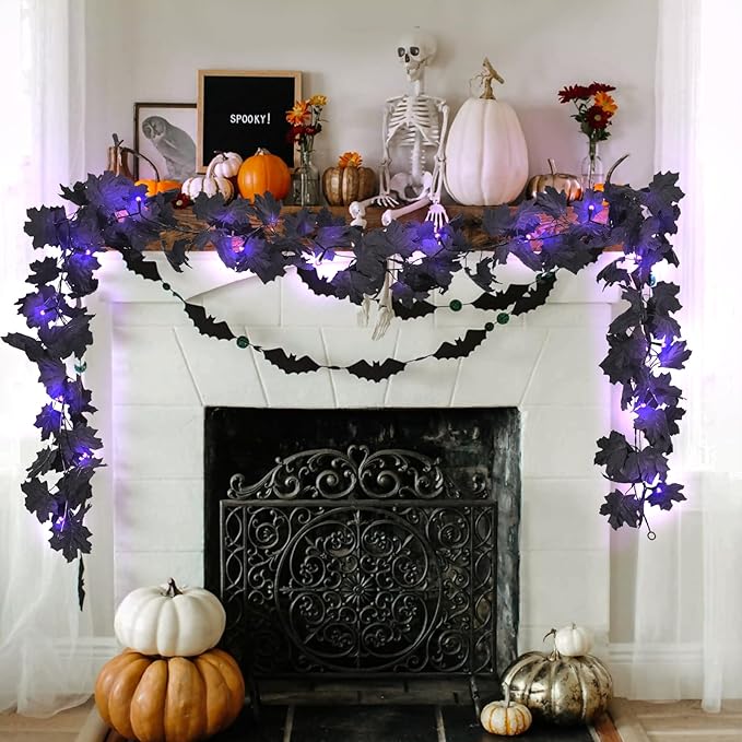RECUTMS Halloween Maple Leaf Garland with Purple Lights - Black Artificial Leaves Decor for Home Mantle, Stairs, Indoor/Outdoor - 2 Pack-Ruum Studio Home