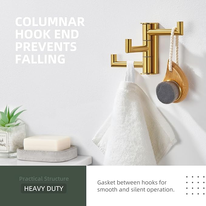 Angle Simple 3 Arms Towel Hook Brushed Gold, 304 Stainless Steel Swivel Triple Towel Holder, Folding Bathroom Hook, Wall Mount-Ruum Studio Home