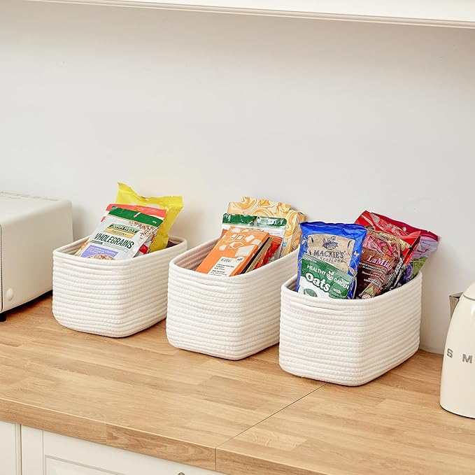 Small Cotton Rope Storage Basket Set of 3-11"x7"x7" Perfect Woven Baskets for Storage, Ideal Storage Baskets for Organizing Toys, Towels, and More - Baskets for Shelves and Home Decor（White）-Ruum Studio Home