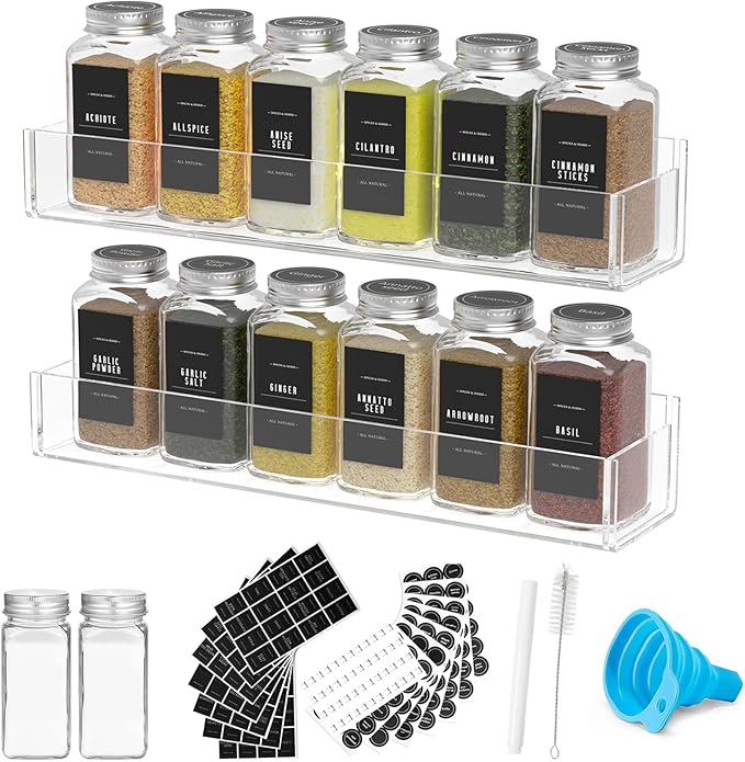 PMMASTO Adhesive Acrylic Spice Rack Organizer with 12 Empty Square Spice Jars, 238 Spice Labels with Chalk Marker and Funnel Complete Set for Kitchen Cabinet/Pantry Door (Clear - 2 Pack)-Ruum Studio Home