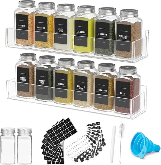 PMMASTO Adhesive Acrylic Spice Rack Organizer with 12 Empty Square Spice Jars, 238 Spice Labels with Chalk Marker and Funnel Complete Set for Kitchen Cabinet/Pantry Door (Clear - 2 Pack)-Ruum Studio Home