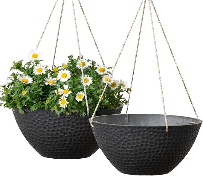 LA JOLIE MUSE Hanging Planters for Outdoor Plants, Large Hanging Planter with Drain Holes, Outdoor Hanging Flower Pots, Matte Black, Honeycomb (13.2 Inch, Set of 2)-Ruum Studio Home