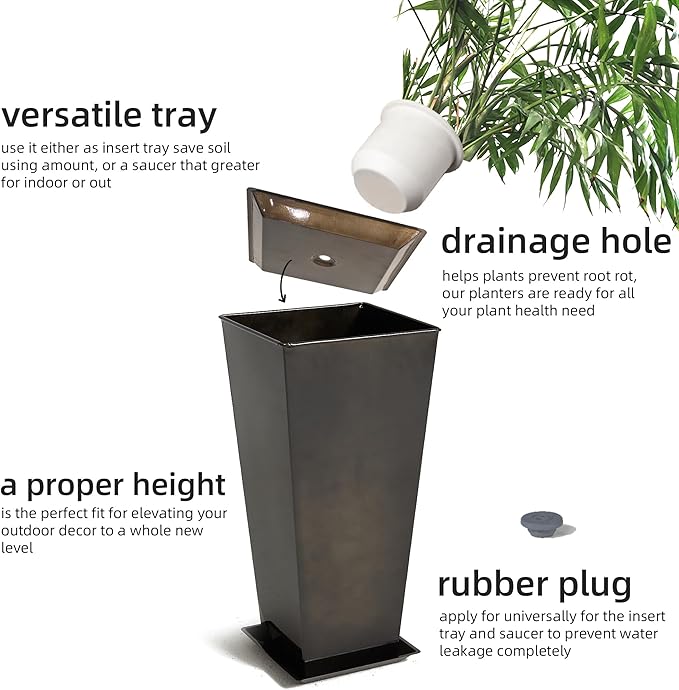 KOL 25''H. Bright Glazed Planter with Drainage Hole, Set of 2, Tall Galvanized Steel Planter Pots with Saucer for Indoor & Outdoor Use, Decorative Flower Plant Pots for Porch, Patio, Deck - Black-Ruum Studio Home
