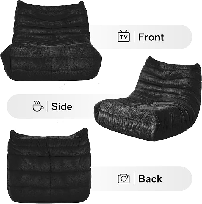 Bean Bag Chairs for Adults Giant Bean Bag Chair Memory Foam BeanBag Chair Big Bean Bag Sofa with Filler Faux Fur Fireside Beanbags Lazy Sofa for Living Room Bedroom Dorm Office (Black Plush)-Ruum Studio Home