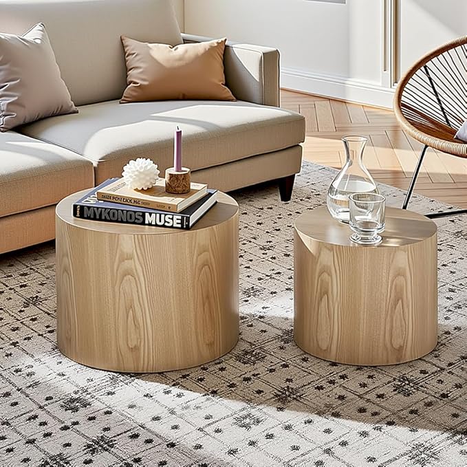 Nesting Coffee Table Set of 2, Modern Round Coffee Table with Non-Slip Feet, Oak Wooden Circle Accent Tables for Small Spaces Living Room Bedroom Balcony Office Drum Side Table-Ruum Studio Home