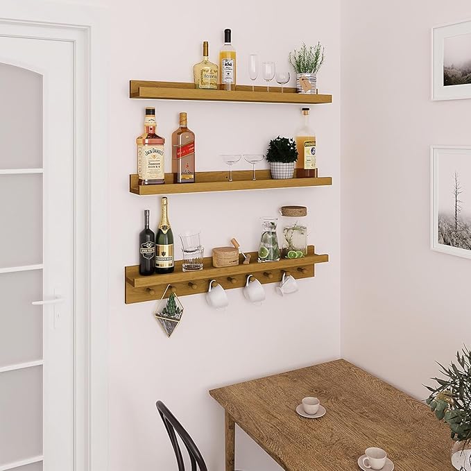 MBYD Floating Shelves 36 Inch, Nursery Book Shelves for Kids Room, Hanging Bookshelf with Hooks Set of 3, Light Walnut Wood Picture Ldge Shelving, Kitchen Wall Shelf Spice Rack for Bedroom Bathroom-Ruum Studio Home