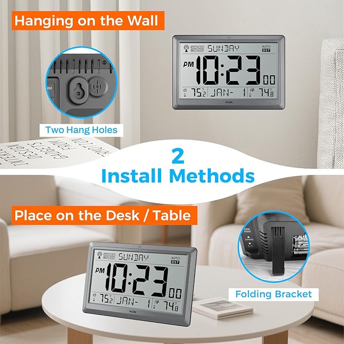 Wall Clock Atomic with Indoor Outdoor Temperature Battery Powered, Easy Reading with 10.5 Inch Large LCD Display, 330FT Range Table Wall Clock With DST, 12/24 Hour for Living Room Kitchen (Silver)-Ruum Studio Home
