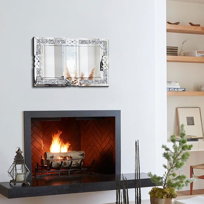 Crushed Diamond Decorative Wall Mirrors, 24x36 Inch Rectangle Living Room Mirrors for Wall Decor, Modern Glam Bathroom Dining Room Entryway Mirror Silver-Ruum Studio Home
