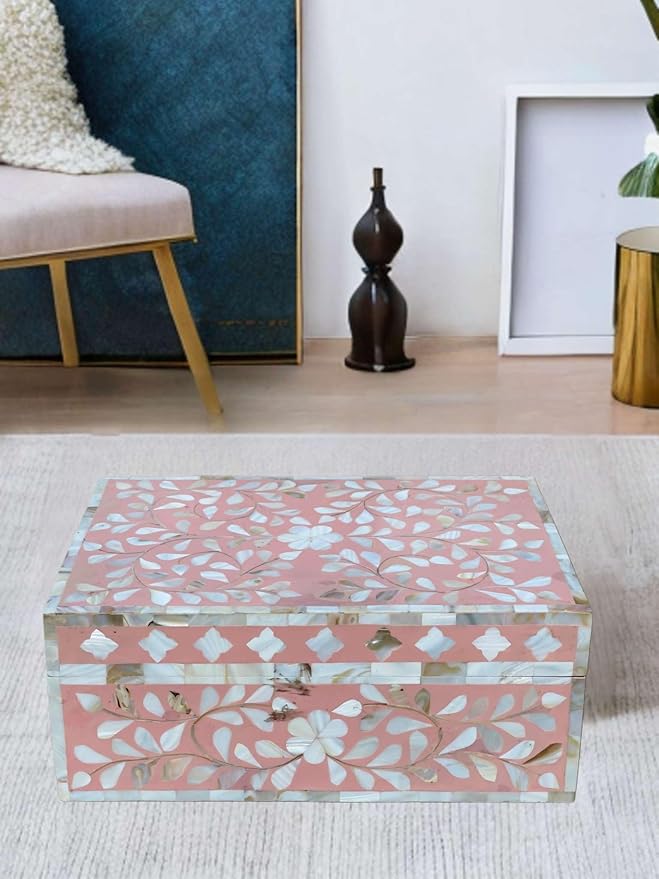 Decorative Storage Box Of Mother Of Pearl Inlay Floral Design Wooden Storage Box For Home Decoration For Living Dining & Bedroom (Pink_12x8x5 inch)-Ruum Studio Home