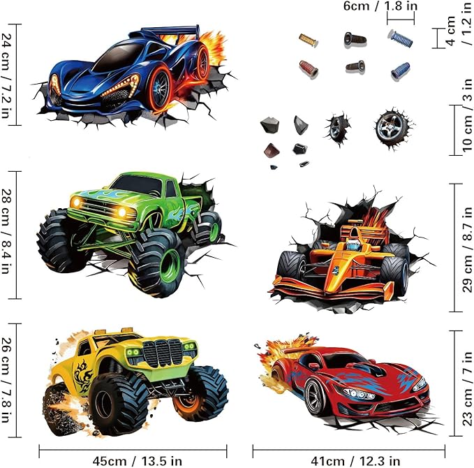 3D Racing Cars Wall Decals - Truck Bursting Through Wall, F1 Racing Cars Wall Stickers for Kids Room Boys Bedroom-Ruum Studio Home