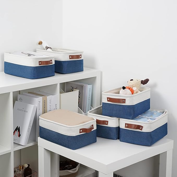 DULLEMELO Set of 6 Small Baskets for Organizing, Small Fabric Storage Bins for Toys Storage, Collapsible Storage Bins with Leather Handles for Shelves, Closets, Laundry, Nursery(White&Blue)-Ruum Studio Home