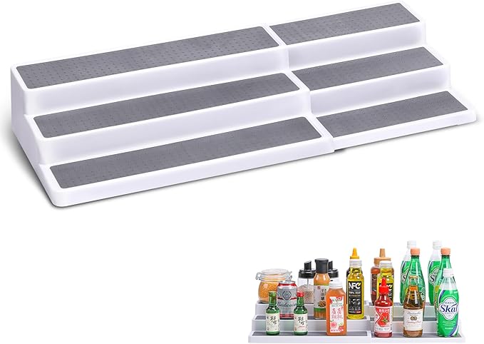 3 Tier Expandable Spice Rack Organizer, Plastic Spice Rack, Adjustable Length 14.6In-25.8In, Non-Skid Tiered Spice Shelf Organizer for Kitchen Cabinet, Cupboard, Pantry, White/Grey-Ruum Studio Home