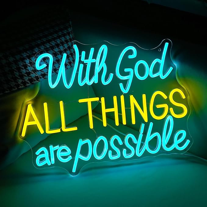With God All Things Are Possible Neon Sign 16.5 * 12.6 Inch Led God Light Up Sign Dimmable USB Neon Light for Room Wedding Party Church Wall Decor (Ice Blue Yellow)-Ruum Studio Home