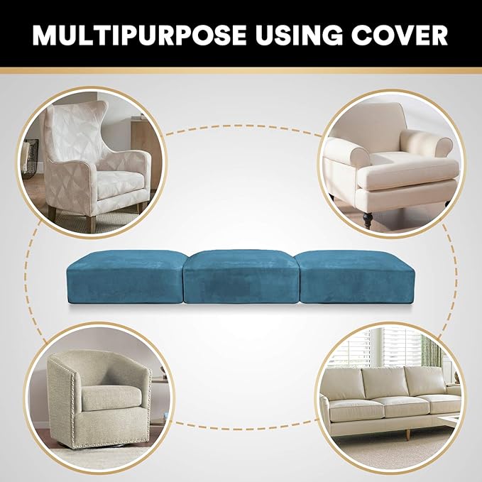 PrinceDeco Couch Cushion Covers, Stretch Washable Sofa Cushion Cover, Fitted Sofa Slipcover Velvet Fabric Non-Slip Furniture Protector for Dog,Pets, Kid (Each Width Up to 29.5", Blue)-Ruum Studio Home