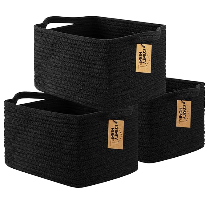 COMFY-HOMI 3PACK Cotton Rope Woven Basket With Handles for Shelves, Toy, Book, Cloth Storage Basket for Organizing|13.5" x 11" x 9.5" Decorative Nursery Cube Bin for Living Room（all Black）-Ruum Studio Home