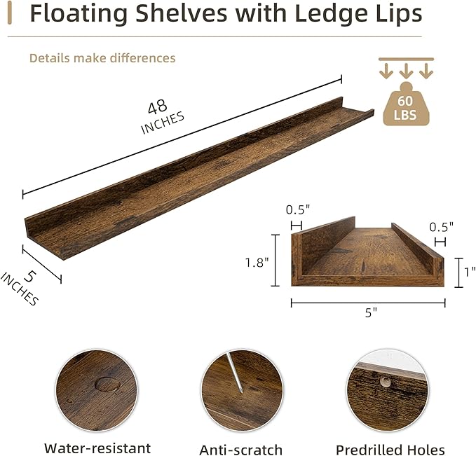 Picture Ledge Shelf, Wood Long Floating Shelves for Wall, Set of 2, 48 inch Picture Ledge Shelves, Photo Ledge Nursery Book Shelves Wall Mounted for Living Room Kids' Room Bedroom, Color Brown-Ruum Studio Home