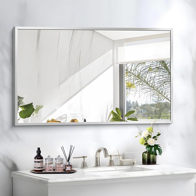 Silver Bathroom Mirror for Wall, 30x48 Inch Rectangle Mirrors with Metal Frame, Modern Vanity Wall Mirror Decor for Bathroom Living Room, Entryway Hangs Horizontal or Vertical-Ruum Studio Home