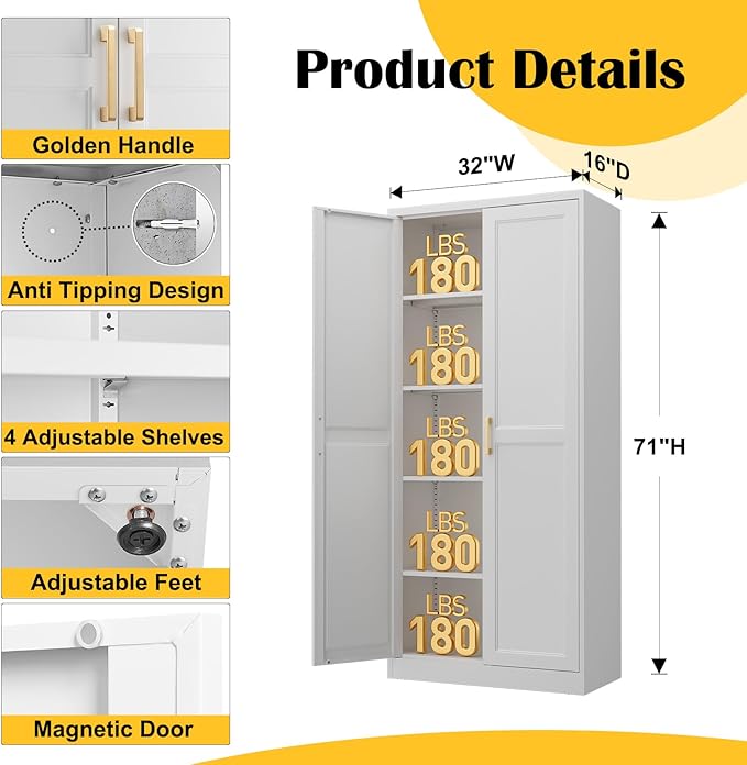 Kitchen Pantry Cabinet,71”White Metal Pantry Storage Cabinet with Doors and 4 Adjustable Shelves,Kitchen Cabinet with 2 Gold Handles,Tall Cabinet for Livingroom,Pantry, Bathroom,Kitchen-Ruum Studio Home