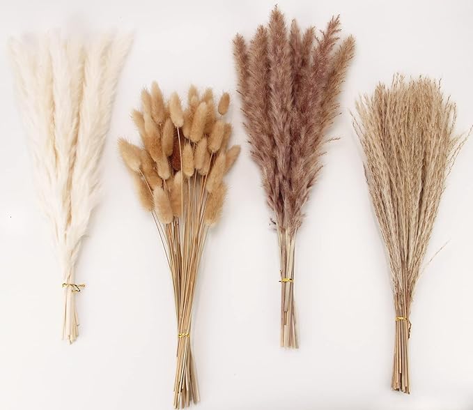 Dried Pampas Grass Decor, 100 Stems Pampas Grass Contains Bunny Tails Dried Flowers, Reed Grass Bouquet for Wedding Boho Flowers Home Table Decor, Rustic Farmhouse Party (17", White and Brown)-Ruum Studio Home