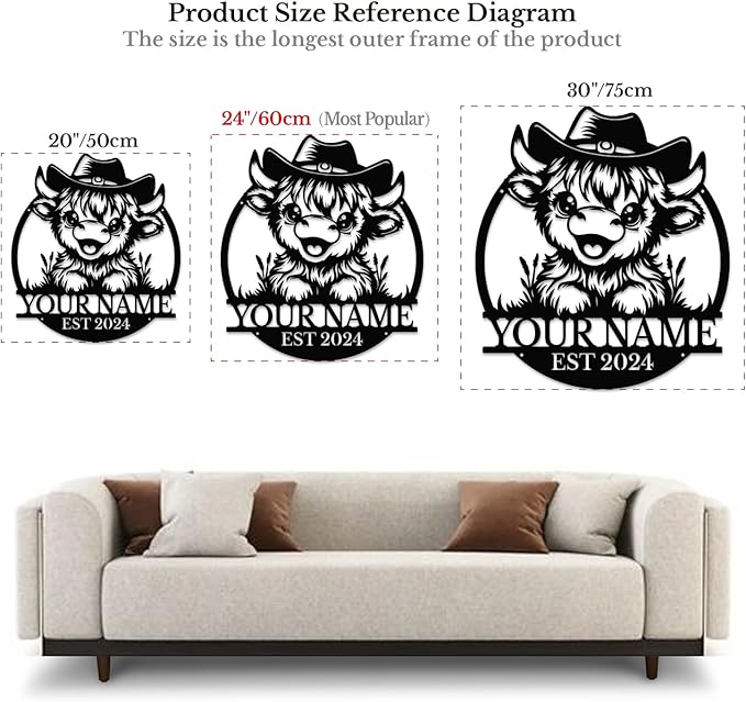 Personalized Highland Cow Name metal Signs,Custom Highland Cow Metal Shed Wall Decor,Black Metal Wall Art Plaques Outdoor wall Decorative Signage (Style A)-Ruum Studio Home