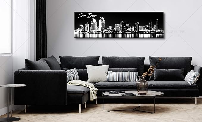 DJSYLIFE San Diego Skyline Wall Art Black and White Night View USA Cityscape California Pictures Artwork Painting Poster for Bedroom Office Decoration Stretch Framed Ready to Hang 13.8"x47.3"-Ruum Studio Home