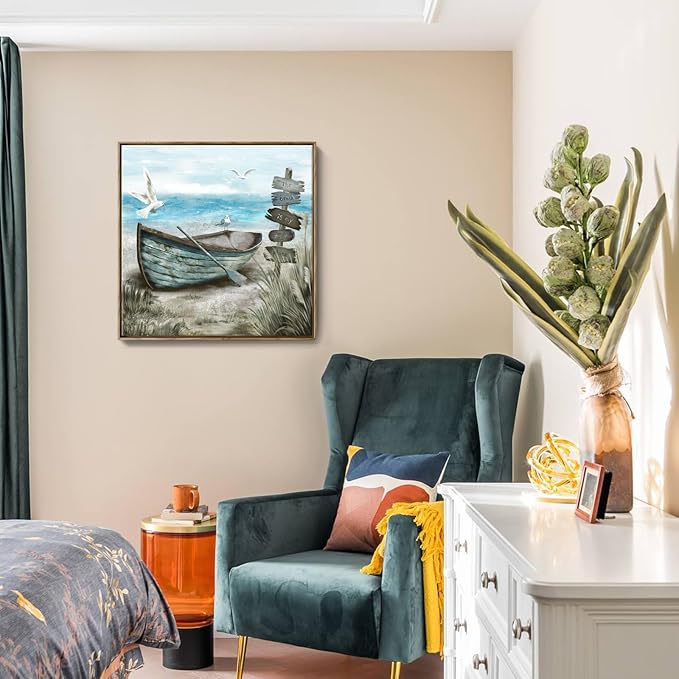 Framed Wall Art Bedroom Nautical Decor Boat Canvas Picture Rustic Coastal Sand Canvas Print Ocean Beach Painting Seascape Sea Bird Vintage Ship Artwork for Seaside Home Living Room Office Bathroom-Ruum Studio Home