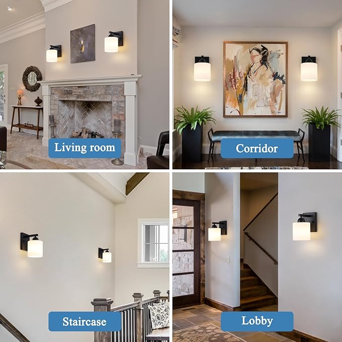 Matte Black Milk Glass Wall Sconces, 1 Pack Hardwired Indoor Wall Light Fixtures for Living Room, Hallway, Bedroom, Ceramic E26 Sockets (Bulbs Not Included)-Ruum Studio Home