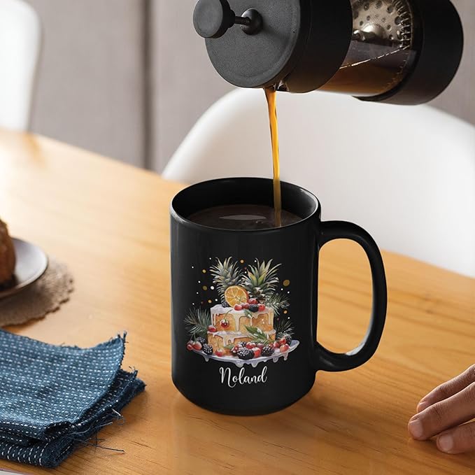 Personalized Christmas Decorative Mug - Fruit Cake Design Coffee Cup for Cake Lovers - Customized Black 11oz/15oz Cup for Daughter-Ruum Studio Home